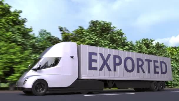 Modern electric semi-trailer truck with EXPORTED text on the side. Loopable 3D animation — Stock Video