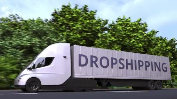 Camion semi-remorcă electric modern cu text DROPSHIPPING pe lateral. Animație 3D Loopable — Videoclip de stoc