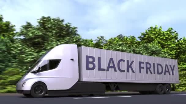 Moderner Elektro-Sattelschlepper mit Black-Friday-Text auf der Seite. Schlupflöcher 3D-Animation — Stockvideo