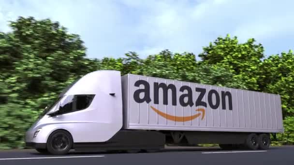 Caminhão semi-reboque elétrico com logotipo AMAZON na lateral. Editorial loopable animação 3D — Vídeo de Stock