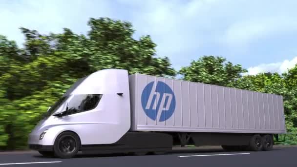 Camión semirremolque eléctrico con logotipo HP en el lateral. Animación en 3D loopable editorial — Vídeo de stock