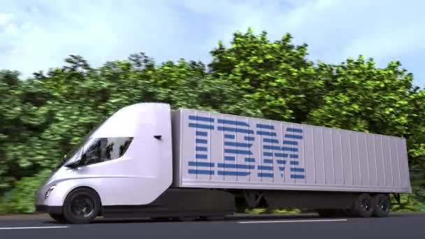 Caminhão semi-reboque elétrico com logotipo IBM na lateral. Editorial loopable animação 3D — Vídeo de Stock