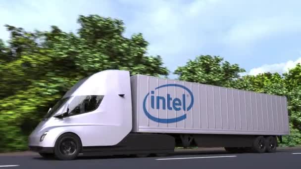 Üzerinde Intel logosu olan elektirikli yarı karavan. Editör döngüsü 3d canlandırması — Stok video