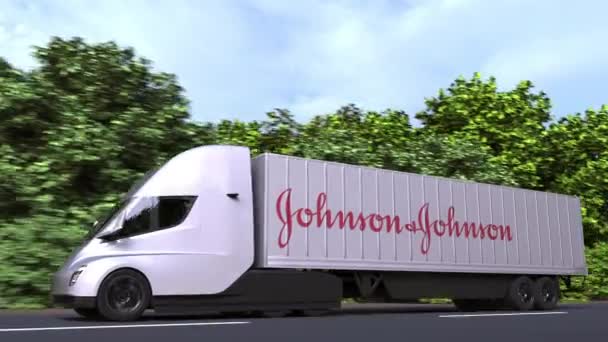 Caminhão semi-reboque elétrico com logotipo JOHNSON e JOHNSON na lateral. Editorial loopable animação 3D — Vídeo de Stock