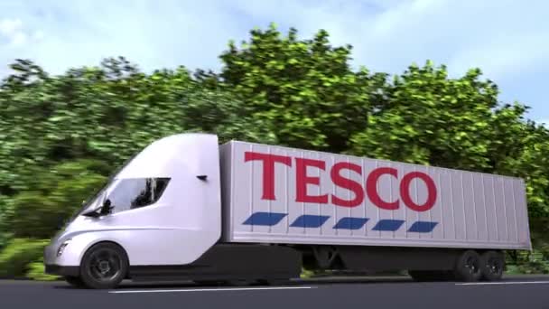 Elektrisk påhängsvagn lastbil med Tesco logotyp på sidan. Redaktionell loopable 3D-animation — Stockvideo