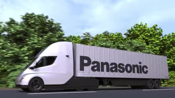 Elektryczna naczepa z logo Panasonic na boku. Edytorska pętla animacji 3D — Wideo stockowe