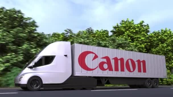 Elektrischer Sattelschlepper mit Canon-Logo an der Seite. Leitartikel loopable 3D-Animation — Stockvideo