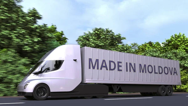Вантажівка з текстом "Made In Moldova" збоку. Імпорт або експорт Молдови пов'язаний з 3d рендерингом — стокове фото