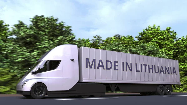 Сучасна електрична напівпричепна вантажівка з текстом "Made In Lithuania" збоку. Литовський імпорт або експорт 3d рендеринга — стокове фото