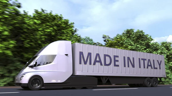 Сучасна електрична напівпричепна вантажівка з текстом "Made In Italy" збоку. Італійський імпорт або експорт пов'язані 3d рендеринга — стокове фото