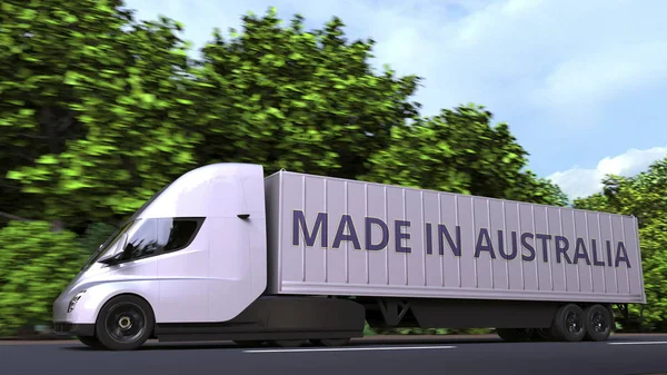 Вантажівка Trailer з текстом Made In Australia на стороні. Австралійський імпорт або експорт пов'язані 3d рендеринга — стокове фото