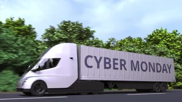 Moderner Elektro-Sattelschlepper mit Cyber-Monday-Text an der Seite. Loopable 3D-Animation — Stockvideo