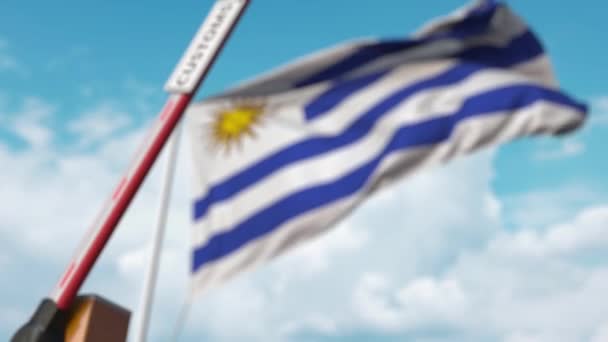 Sluitingsbarrière met Douaneteken tegen de Uruguayaanse vlag. Afsluitings- of beschermingstarieven aan de grens in Uruguay — Stockvideo