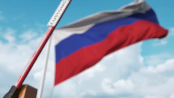 Brama ochronna z oznaczeniem celnym jest zamknięta z flagą Rosji jako tłem. Zamknięcie granicy rosyjskiej lub taryfy ochronne — Wideo stockowe