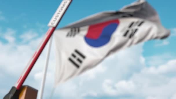 Gesloten giek hek met Douane bord op de Zuid-Koreaanse vlag achtergrond. Beperkte grensoverschrijding of beschermende tarieven in Zuid-Korea — Stockvideo