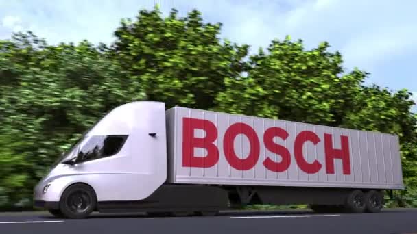 Електрична напівпричепна вантажівка з логотипом Боша збоку. Editorial loopable 3d animation — стокове відео