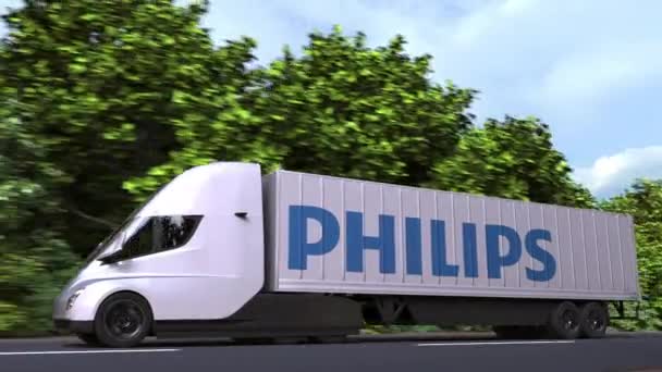 Електрична напівпричепна вантажівка з логотипом Philips збоку. Editorial loopable 3d animation — стокове відео