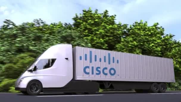 Elektrisk påhängsvagn lastbil med Cisco logotyp på sidan. Redaktionell loopable 3D-animation — Stockvideo