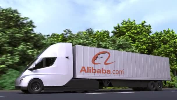 Elektrische oplegger truck met Alibaba Group logo aan de zijkant. Redactionele loopable 3d animatie — Stockvideo