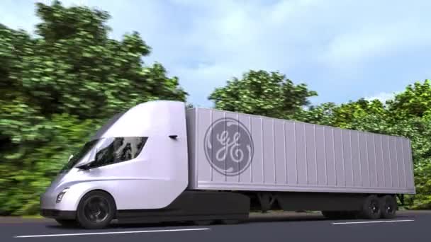 Elektryczna naczepa z logo General Electric Ge na boku. Edytorska pętla animacji 3D — Wideo stockowe