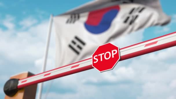 韓国の国旗を背景にしたオープンブームゲート。無料の国境越えや韓国の禁止を持ち上げる — ストック動画