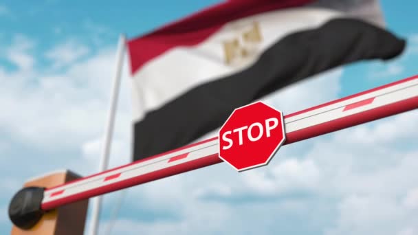 Відкриття бар'єру з знаком "Стоп" проти єгипетського прапора. Безкоштовний в "їзд або зняття заборони в Єгипті — стокове відео