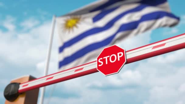 Opening boom barrier with stop sign against the Uruguayan flag. Free entry or lifting a ban in Uruguay — Stock Video