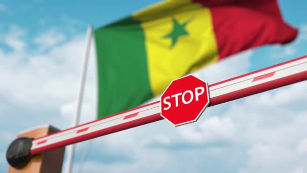 Open boom gate on the Senegalese flag background. Free entry or lifting a ban in Senegal — Stock Video