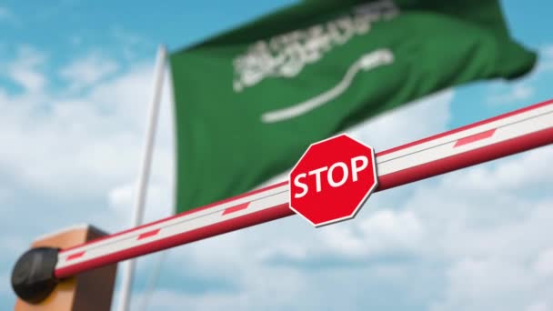 Otwórz bramę boom na tle flagi saudyjskiej. Swobodny wjazd lub zniesienie zakazu w Arabii Saudyjskiej — Wideo stockowe
