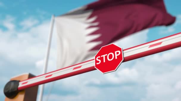 Barrier gate being opened with flag of Qatar as a background. Qatari Free entry or lifting a ban — Stock Video