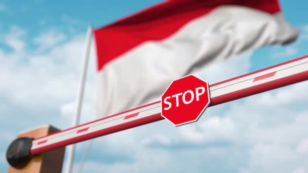 Öppna bommen grind på den indonesiska flaggan bakgrund. Fri entré eller upphävande av förbud i Indonesien — Stockvideo