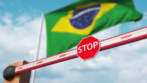 Puerta abierta en el fondo de la bandera brasileña. Entrada libre o levantamiento de una prohibición en Brasil — Vídeo de stock