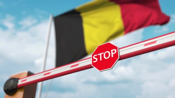 Бар'єрні ворота відкриваються з прапором Бельгії як фоном. Бельгійське вільне в "їзд або зняття заборони — стокове відео