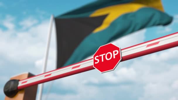Open boom gate on the Bahamian flag background. Free entry or lifting a ban in Bahamas — Stock Video
