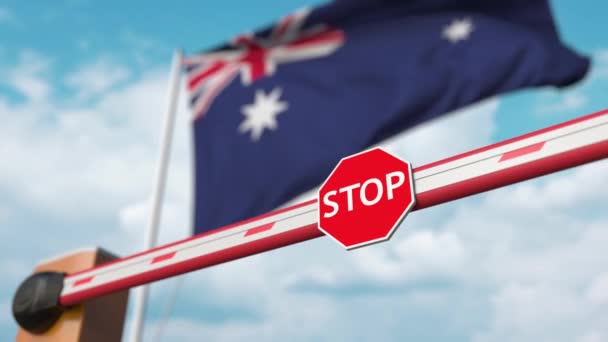 Nyitott bumm kapu az ausztrál zászló háttér. Ingyenes belépés vagy a tilalom feloldása Ausztráliában — Stock videók