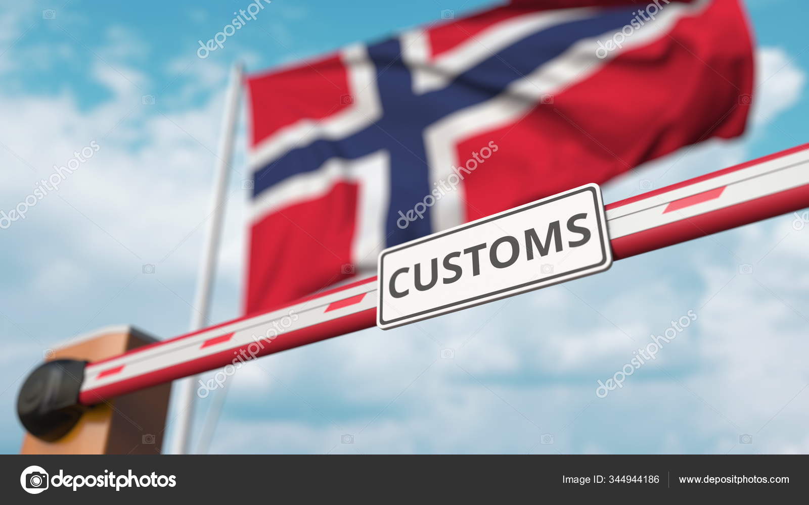 Barrier gate with CUSTOMS sign being closed with flag of Norway as a