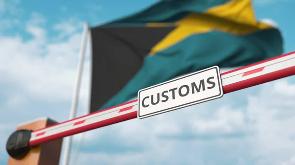 Cancello a braccio chiuso con cartello DOGANALE sullo sfondo della bandiera delle Bahamas. Chiusura delle frontiere o tariffe protettive alle Bahamas. Rendering 3D — Foto Stock