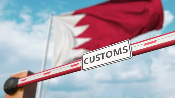 Закрытые ворота с табличкой CUSTOMS на фоне флага Бахрейна. Закрытие границы или защитные тарифы в Бахрейне. 3D рендеринг — стоковое фото