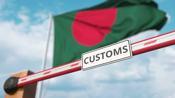 Brama bariery z oznaczeniem celnym jest zamknięta z flagą Bangladeszu jako tłem. Bangladeszu zamknięcie granicy lub taryfy ochronne. 3d renderowanie — Zdjęcie stockowe