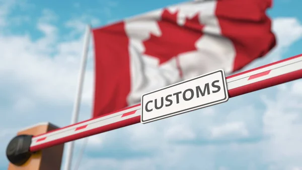 Fechando barreira boom com CUSTOMS assinar contra a bandeira canadense. Fechamento de fronteiras ou tarifas de proteção no Canadá. Renderização 3D — Fotografia de Stock