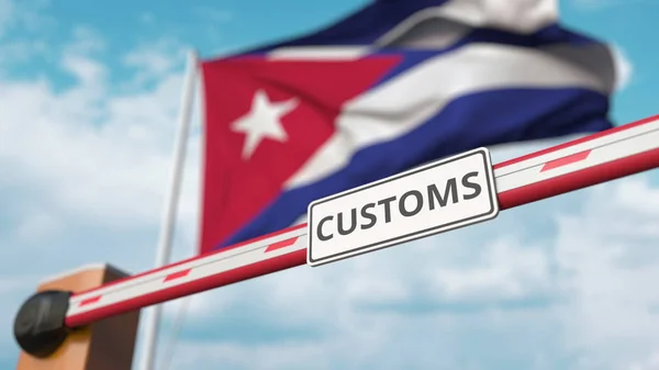 Fermeture de la barrière de flèche avec signe DOUANIER contre le drapeau cubain. Fermeture des frontières ou tarifs protecteurs à Cuba. rendu 3D — Photo