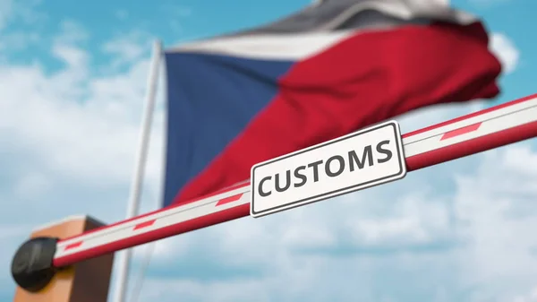 Закрытие шлагбаума табличкой CUSTOMS против чешского флага. Пограничное закрытие или защитные тарифы в Чешской Республике. 3D рендеринг — стоковое фото