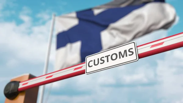 Закрытие шлагбаума табличкой CUSTOMS на фоне флага Финляндии. Закрытие границы или защитные тарифы в Финляндии. 3D рендеринг — стоковое фото