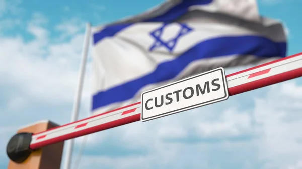 Κλειστή πύλη μπουμ με το Τελωνείο υπογράψει στο φόντο της ισραηλινής σημαίας. Περιορισμένα τέλη διέλευσης των συνόρων ή προστασίας στο Ισραήλ. 3d απόδοση — Φωτογραφία Αρχείου