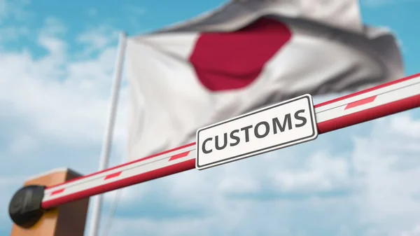 Барьерные ворота с табличкой CUSTOMS закрываются на заднем плане флагом Японии. Японские ограничения на пересечение границы или защитные тарифы. 3D рендеринг — стоковое фото