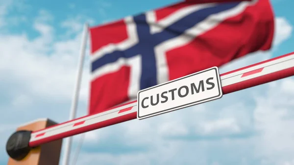 Барьерные ворота с табличкой CUSTOMS закрываются на заднем плане флагом Норвегии. Норвежские пограничные или защитные тарифы. 3D рендеринг — стоковое фото