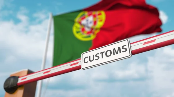 Porte à flèche fermée avec panneau DOUANIER sur le fond du drapeau portugais. Fermeture des frontières ou tarifs protecteurs au Portugal. rendu 3D — Photo
