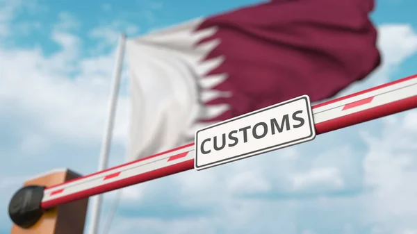 Cancello barriera con il segno DOGANALE di essere chiuso con bandiera del Qatar come sfondo. Chiusura delle frontiere del Qatar o tariffe protettive. Rendering 3D — Foto Stock