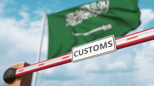 Закрытые ворота с табличкой CUSTOMS на фоне флага. Закрытие границы или защитные тарифы в Саудовской Аравии. 3D рендеринг — стоковое фото