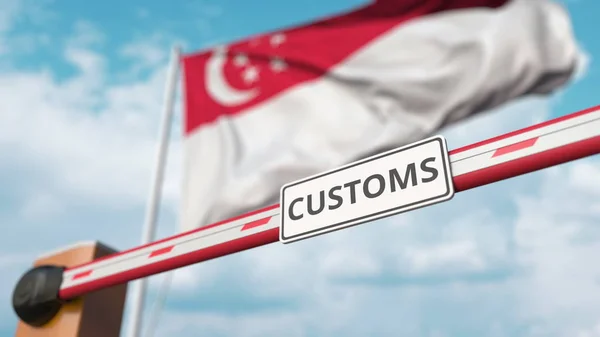 Барьерные ворота с табличкой CUSTOMS закрываются на фоне флага Сингапура. Сингапурские ограничения на пересечение границы или защитные тарифы. 3D рендеринг — стоковое фото